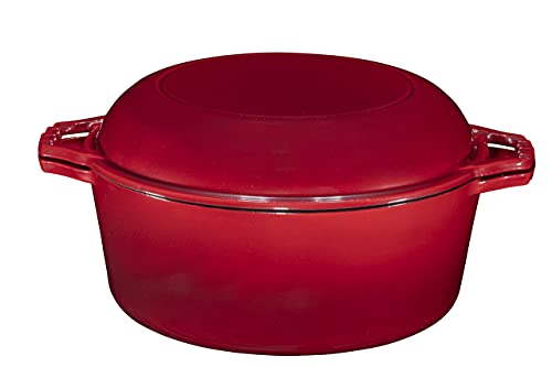 Bruntmor 2in1 Enameled Cast Iron Dutch Oven Pot With Handles  7 Quart Cast Iron Skillet Lid  Oval Dutch Oven For Bread Baking Braising Stews and Casserole Dishes  Durable Cookware  Red