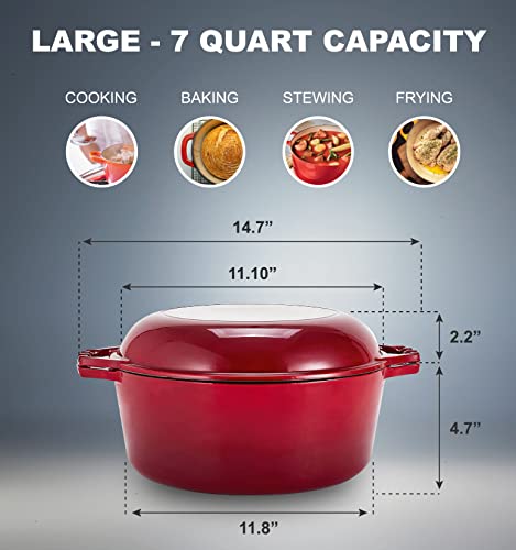 Bruntmor 2in1 Enameled Cast Iron Dutch Oven Pot With Handles  7 Quart Cast Iron Skillet Lid  Oval Dutch Oven For Bread Baking Braising Stews and Casserole Dishes  Durable Cookware  Red