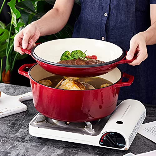 Bruntmor 2in1 Enameled Cast Iron Dutch Oven Pot With Handles  7 Quart Cast Iron Skillet Lid  Oval Dutch Oven For Bread Baking Braising Stews and Casserole Dishes  Durable Cookware  Red