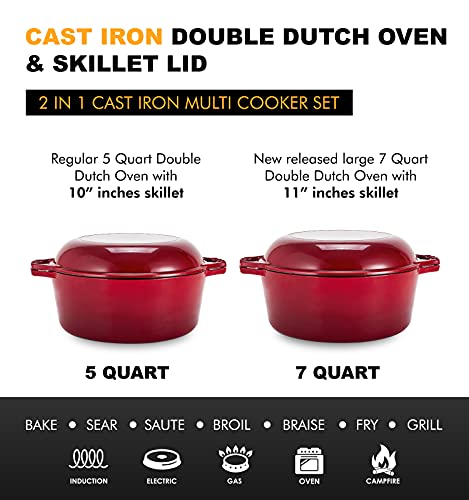 Bruntmor 2in1 Enameled Cast Iron Dutch Oven Pot With Handles  7 Quart Cast Iron Skillet Lid  Oval Dutch Oven For Bread Baking Braising Stews and Casserole Dishes  Durable Cookware  Red